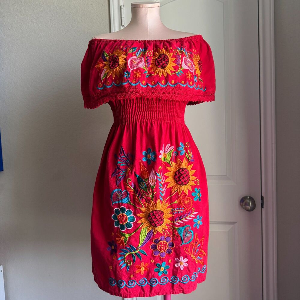 Mexican Dress embroidered floral off shoulder dress- M